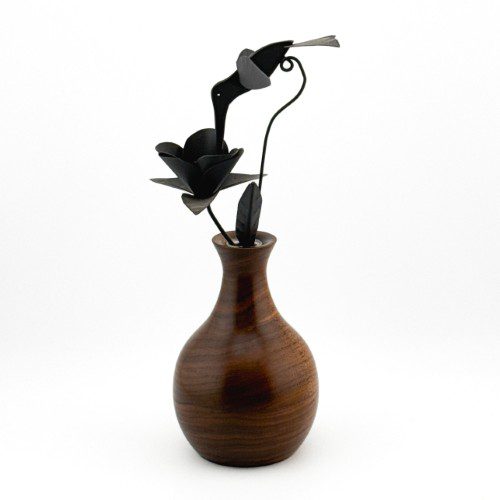 Wood Vase with Hummingbird Sculpture