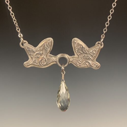 Doves Necklace with Green Amethyst Teardrop