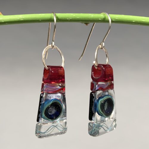 Red and Teal Dichroic Glass Earrings - Image 2