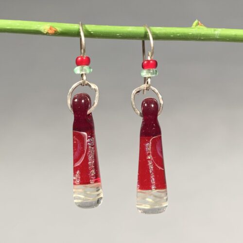 Red and Soft Teal Dichroic Glass Earrings