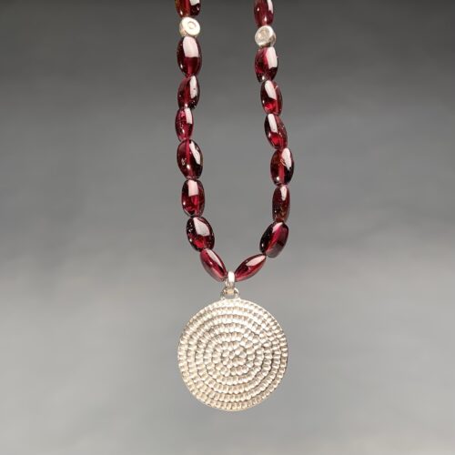 Mandala Spiral Pendant on Garnet Strand