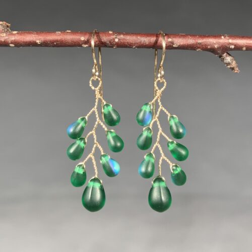 Branch Earrings with Green Glass Beads